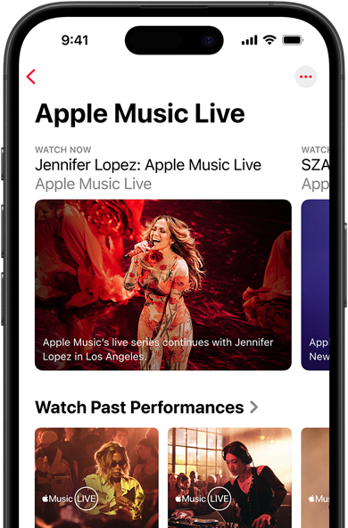 iPhone 上的 Apple Music Live 畫面，顯示「立即觀看」、過往演出，以及「Apple Music 百大專輯」等獨家內容