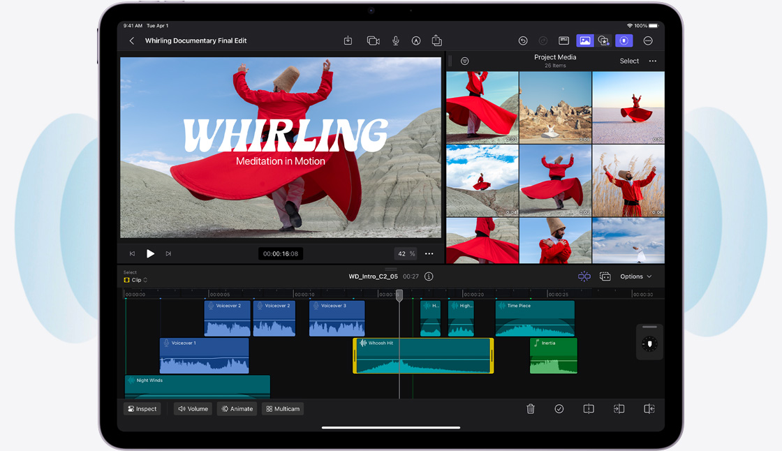 橫向的 iPad Air，螢幕展示以 Final Cut Pro 剪輯影片