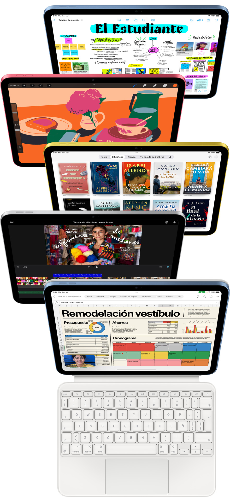 Varios iPad de frente muestran apps como Freeform, ProCreate, Books, iMovie y Excel.