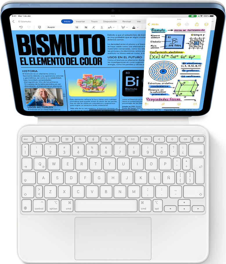 Un iPad conectado a un Magic Keyboard Folio, la pantalla muestra Slide Over con Microsoft Word y Notas, y una llamada de FaceTime.