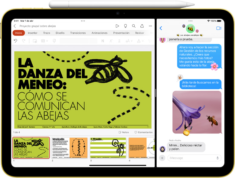 Split View de Powerpoint y Mensajes en un iPad con el Apple Pencil adherido magnéticamente.