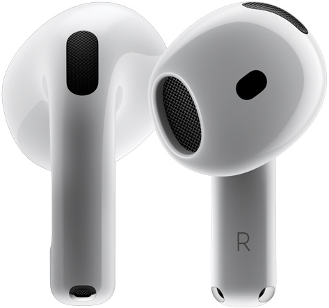 Deux AirPods 4 tournoyant l’un autour de l’autre et s’arrêtant sous différents angles.