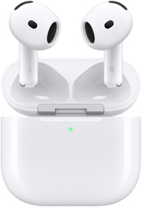 Estojo de recarga dos AirPods 4 aberto mostrando os AirPods suspensos acima do estojo.