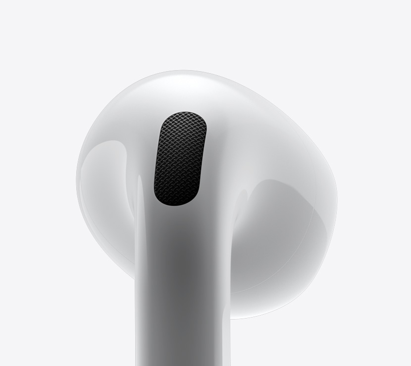 Close-up, side-view of an AirPods 4.