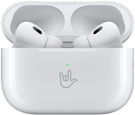 AirPods Pro in charging case next to iPhone, iPhone is connected to two sets of AirPods, each with individual volume control.