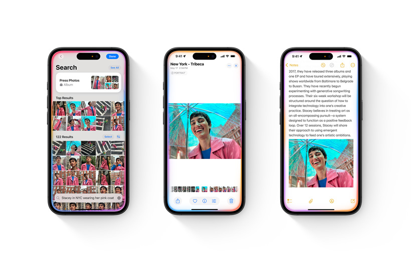 圖片展示照片圖庫與搜尋描述同時顯示在 iPhone 上。第二部 iPhone 根據搜尋打開一張已加入喜好項目的照片。第三部 iPhone 則顯示照片已整合到備忘錄 app 的備忘錄中。