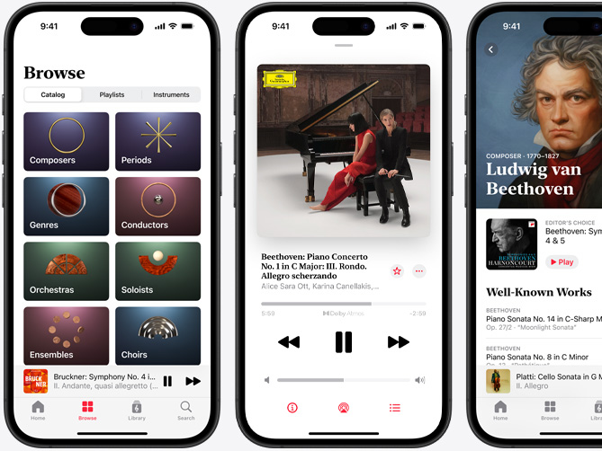 iPhone on left showing Apple Music Classical Browse tab with the Catalogue tab selected with Composers, Periods, Genres, Conductors, Orchestras, Soloists, Ensembles and Choirs categories; iPhone in middle showing Beethovenʼs Piano Concerto No. 1 in C Major, Op. 15: III. Rondo. Allegro scherzando playing in Dolby Atmos; iPhone on right showing Ludwig van Beethovenʼs Composer page