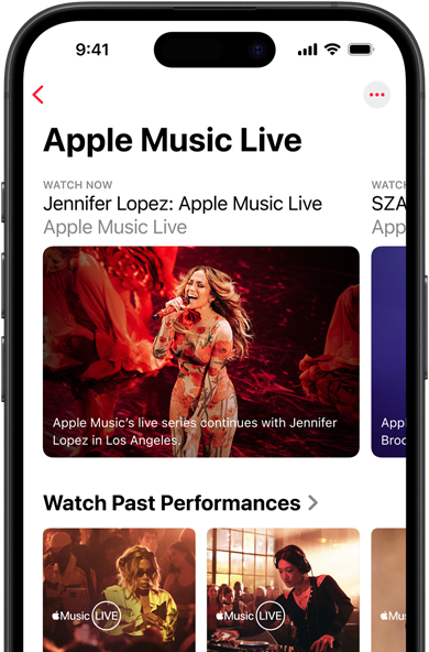 Apple Music Live screen on iPhone showing Watch Now, past performances and exclusive content like Apple Music 100 Best Albums