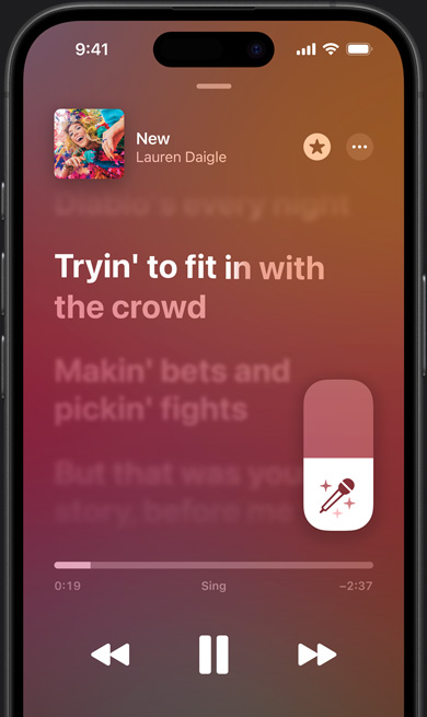 iPhone 上的 Apple Music 即唱功能模式，正在播放 Lauren Daigle 的《New》