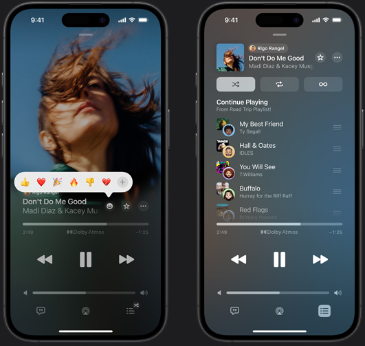 左邊的 iPhone 螢幕上顯示正在播放 Madi Diaz 和 Kacey Musgraves 的《Don’t Do Me Good》，並出現反應表情符號的提示，選項有豎起拇指、愛心、慶祝、拇指向下，以及添加其他反應；右邊的 iPhone 顯示名為 Road Trip Playlist 的合作歌單，當中包含多首由其他提供者加入的歌曲