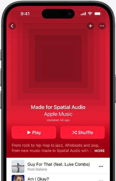 iPhone-scherm met de cover van de playlist ‘Made for Spatial Audio’ in de Apple Music-app