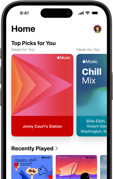 Het tabblad ‘Home’ van Apple Music op een iPhone, met persoonlijke stations en playlists voor Jenny Court