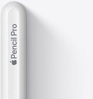 Parte superior arredondada do Apple Pencil Pro com o logotipo da Apple e as palavras Pencil Pro.