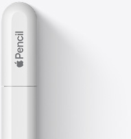 Parte superior arredondada do Apple Pencil USB-C com o logotipo da Apple e a palavra Pencil. Uma linha indica que a tampa se abre para conectar o cabo USB-C.