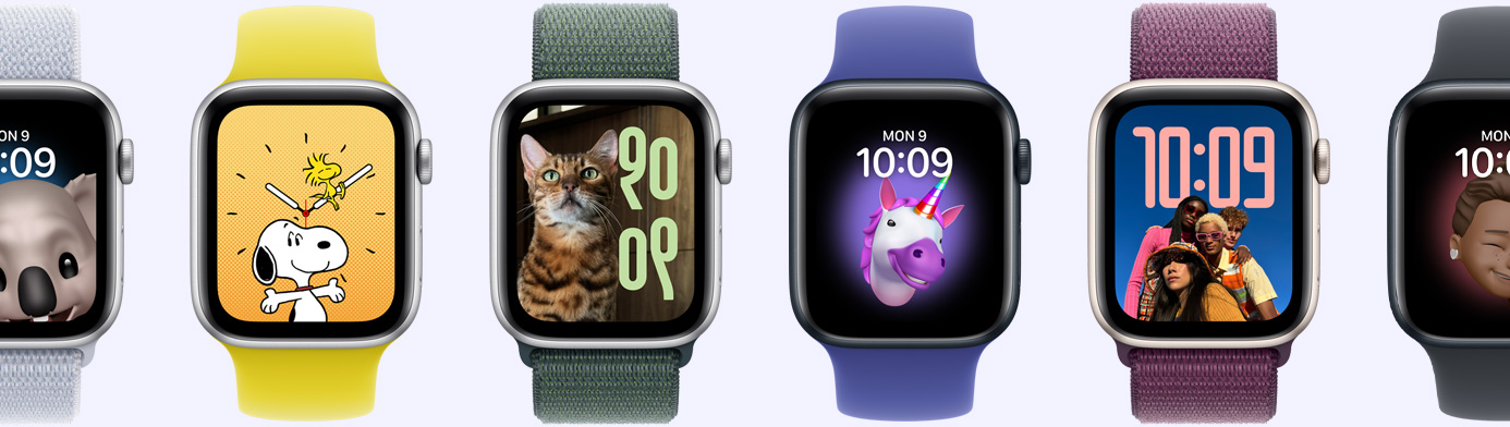 Seks Apple Watch-enheter med ulike urskiver, blant annet Memoji, Bilder, Portrett og Snoopy