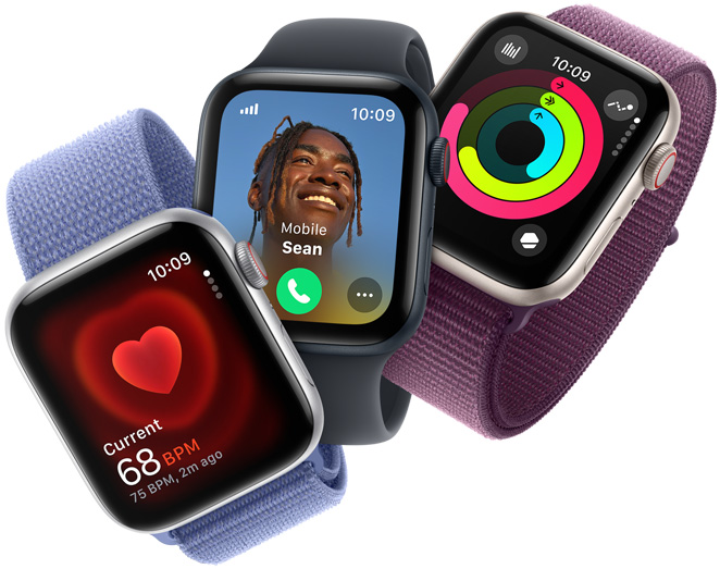 Three Apple Watch SE devices showing heart rate monitoring, an incoming call, and activity rings