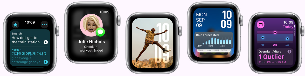 Multiple Apple Watch devices showing various watch face options