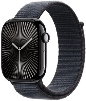 An Apple Watch Series 10 above swatches of the available finishes: Jet Black aluminum, Silver aluminum, Rose Gold aluminum, Natural titanium, Slate titanium, and Gold titanium.