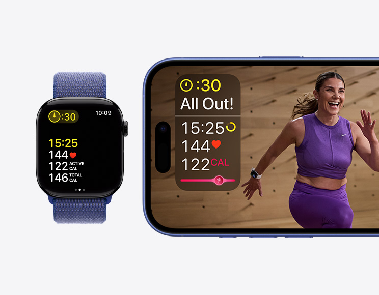 An Apple Fitness+ workout with time, heart rate, and calories burned metrics on an iPhone next to an Apple Fitness+ workout showing the same metrics on an Apple Watch Series 10.