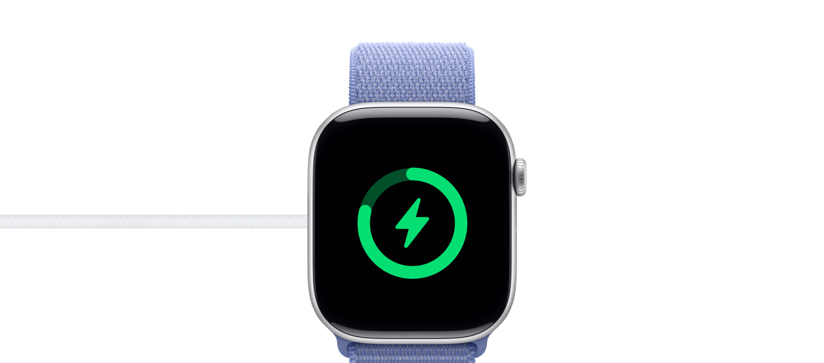 The charging status of an Apple Watch Series 10 on a magnetic charger.