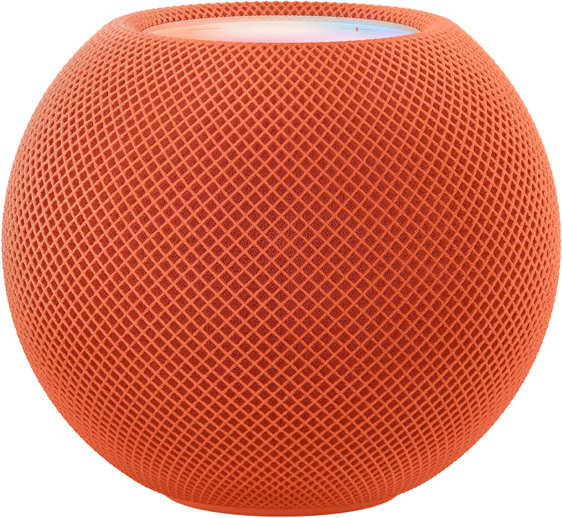 Der HomePod mini in Orange mit bunten Pixeln, die sich über ihm bewegen und das Wort «mini» bilden.