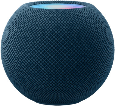 Le mot « mini » est inscrit en lettres pixelisées, animées et colorées au-dessus d’un HomePod mini bleu.