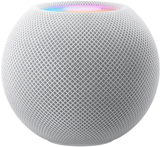 White HomePod mini with colourful pixels in motion above it spelling the word “mini”.