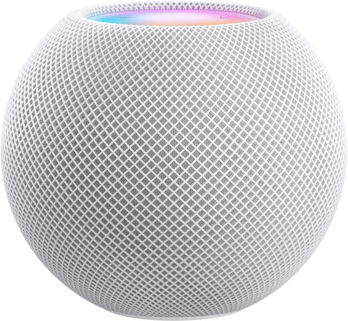 Vue en pied d’un HomePod mini blanc dont la surface colorée est à peine visible au-delà de la bordure.