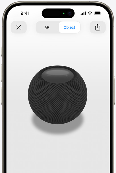 Der HomePod in Mitternacht auf dem Display eines iPhone in AR Ansicht.