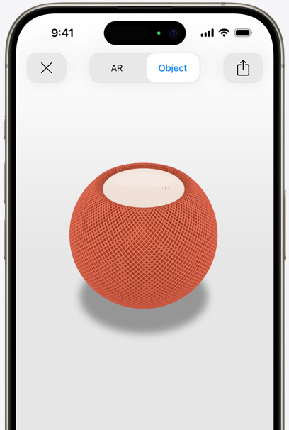 iPhone 螢幕上顯示橙色 HomePod 的 AR 畫面。