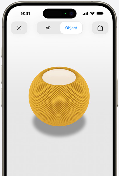 iPhone 螢幕上顯示黃色 HomePod 的 AR 畫面。