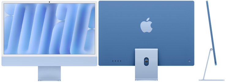 Vue de face, de dos et de côté de l’iMac bleu