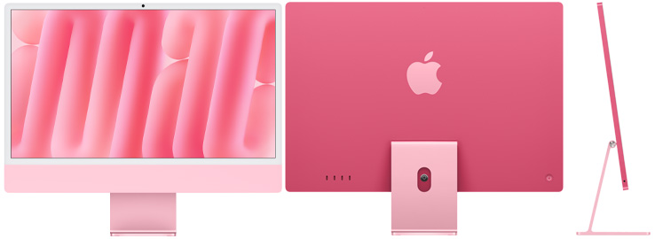 Vue de face, de dos et de côté de l’iMac rose