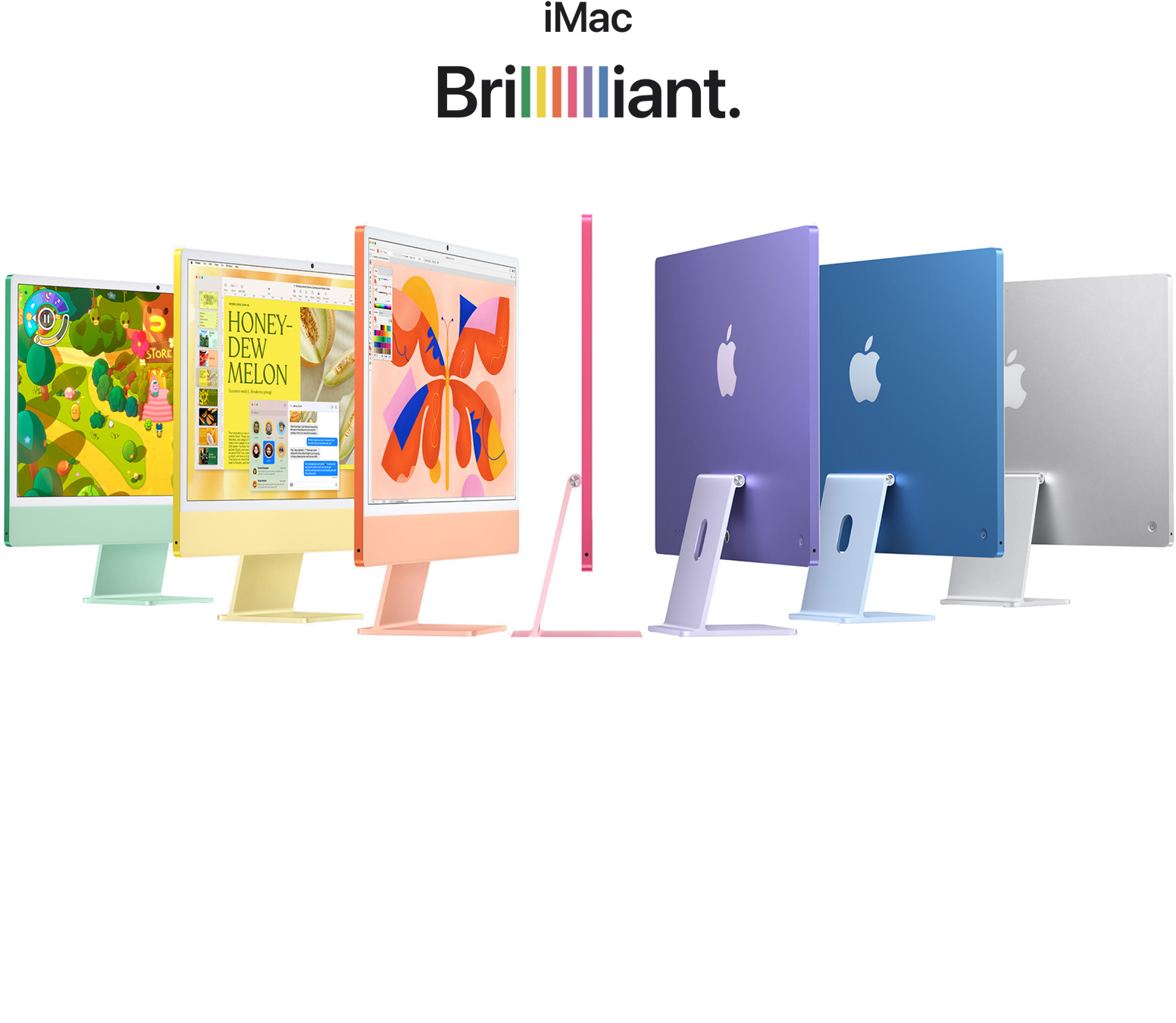 7 iMacs in different colours (Green, Yellow, Orange, Pink, Purple, Blue, Silver) in a accordion arrangement