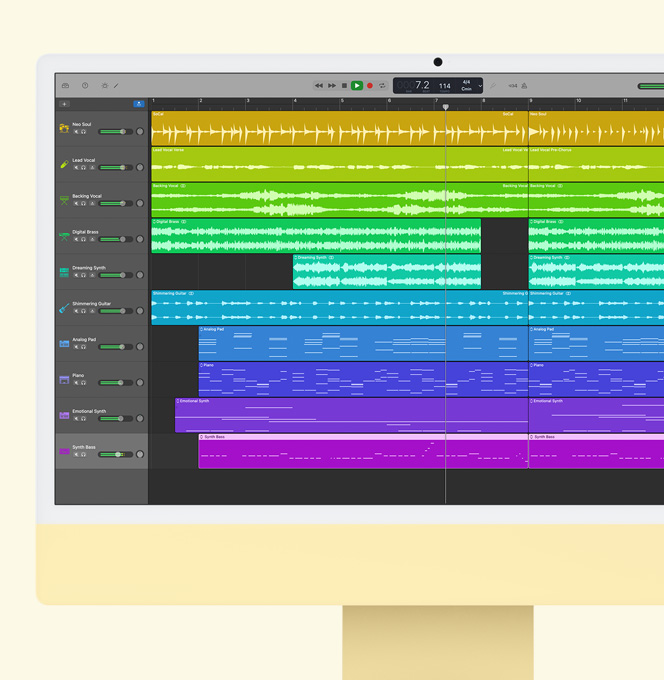 iMac jaune. L’écran affiche GarageBand