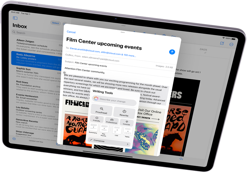 Horisontalt posisjonert iPad Air som viser Apple Intelligence med Skriveverktøy og Mail