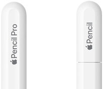 Apple Pencil Pro, gravert Apple Pencil Pro med avrundet ende, Apple Pencil USB-C, Apple Pencil med hetten gravert.