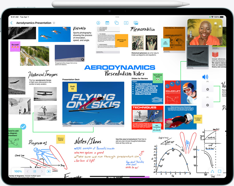 iPad Air，螢幕顯示 Freeform，以及用户正在進行 FaceTime 通話