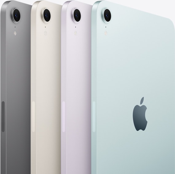 The back view and camera of four iPad mini models are shown in its available colors: Space Gray, Starlight, Purple, and Blue.