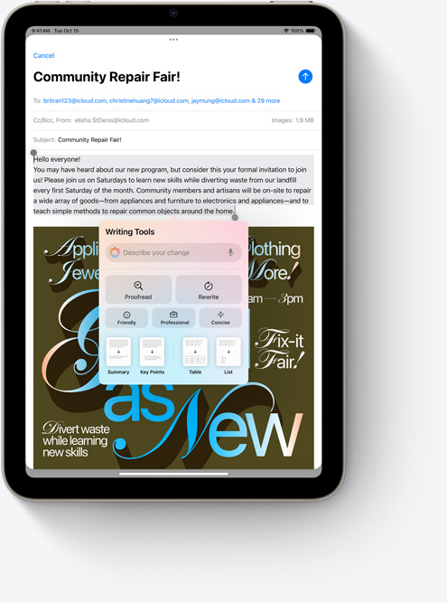 Um iPad mini mostrando as Ferramentas de Escrita no Mail, um novo recurso da Apple Intelligence.
