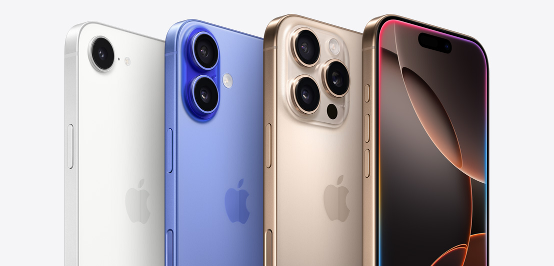 Four iPhone devices, including two iPhone 16 Pro models in Desert Titanium, one showing three camera lenses behind another iPhone Pro showing the Dynamic Island. Next to two iPhone 16 models in Ultramarine, one showing 2 camera lenses and another iPhone 16 showing the Dynamic Island.