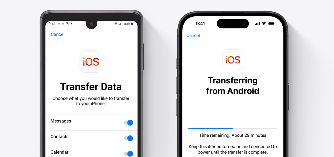 Android screen and iPhone 16 screen displayed showing data transfer