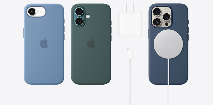 A linha de iPhone 16e e iPhone 16 com acessórios como diversas capas de silicone. Adaptador de energia USB-C de 20W, cabo para recarga com conector USB-C de 60W e carregador MagSafe.