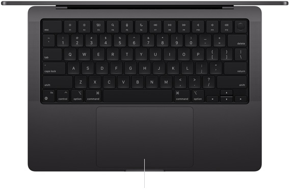 Vue en plongée du MacBook Pro 14 pouces ouvert, montrant le trackpad Force Touch au bas du clavier