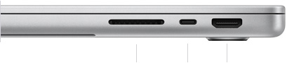 MacBook Pro 14 pouces avec puce M4 Pro ou M4 Max, fermé, côté droit, montrant le lecteur de carte SDXC, un port Thunderbolt 5 et le port HDMI