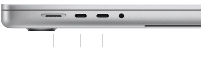 MacBook Pro 16 pouces, fermé, côté gauche, montrant le port MagSafe 3, deux ports Thunderbolt 5 et la prise casque