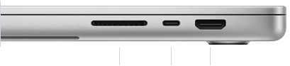 MacBook Pro 16 pouces, fermé, côté droit, montrant le lecteur de carte SDXC, un port Thunderbolt 5 et le port HDMI