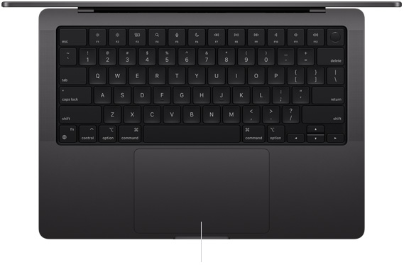  Vedere de sus în jos a unui MacBook Pro de 14 inchi deschis, prezentând trackpad-ul Force Touch situat sub tastatură