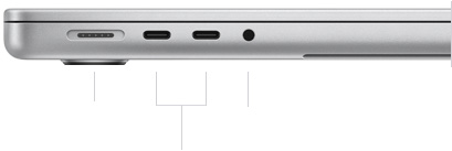 MacBook Pro 14-inch with M4 Pro or M4 Max, closed, left side, showing MagSafe 3 port, two Thunderbolt 5 ports, and headphone jack