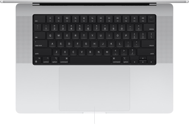  Vedere de sus în jos a unui MacBook Pro de 16 inchi, deschis, prezentând trackpad-ul Force Touch situat sub tastatură